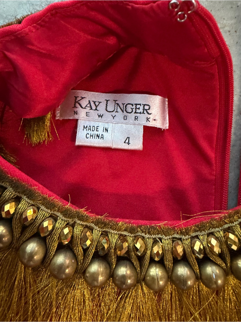 Kay Unger Red Gold Beaded Collar Tank Sheath Faux Wrap Dress Sz 4 - Picture 3 of 3